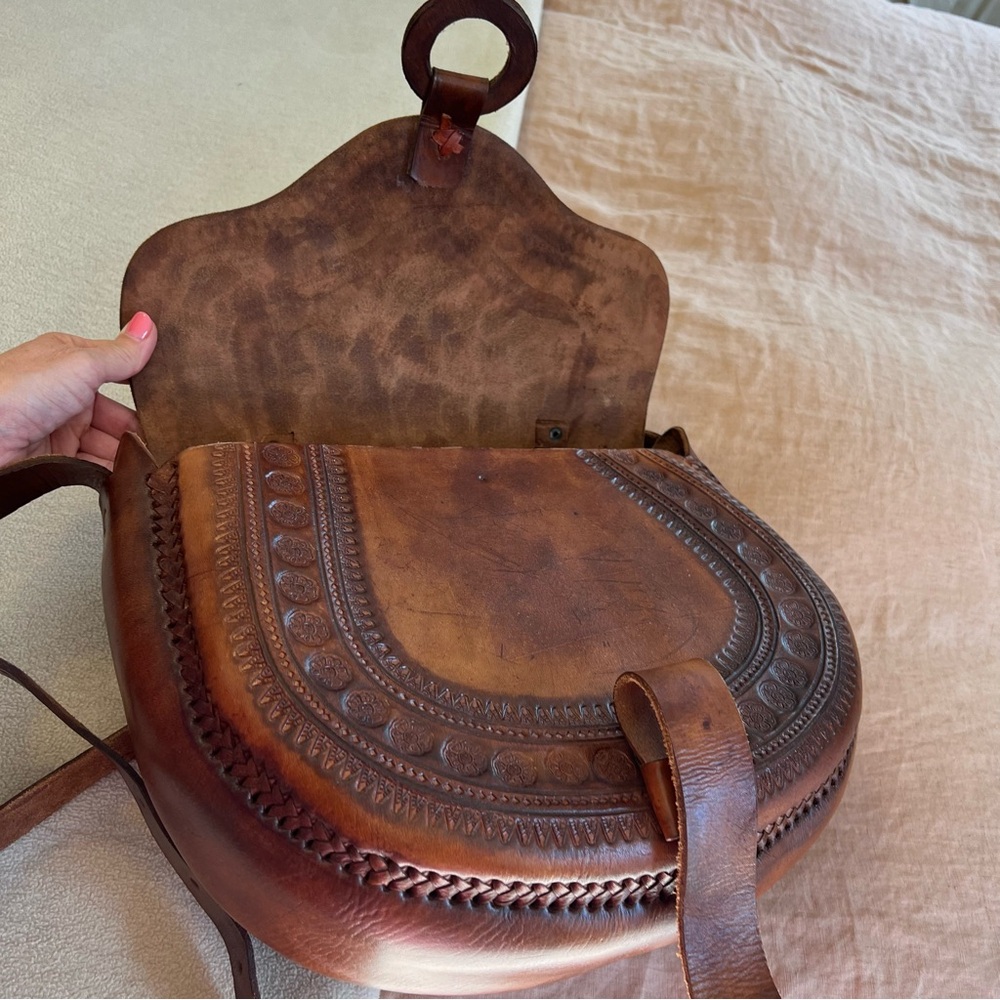 Handmade Brown Tooled Leather Crossbody Saddle Bag Made in Mexico NEW - Picture 5 of 14